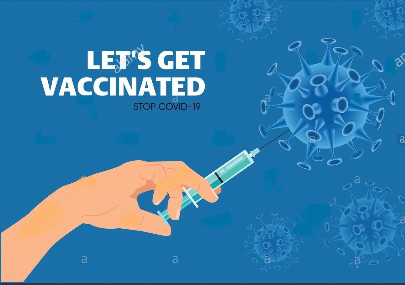 covid 19 vacctination poster doctors hand holding syringe with vaccine vector illustration lets get vaccinated lets stop covid 19 promotion e 2EA7M2C